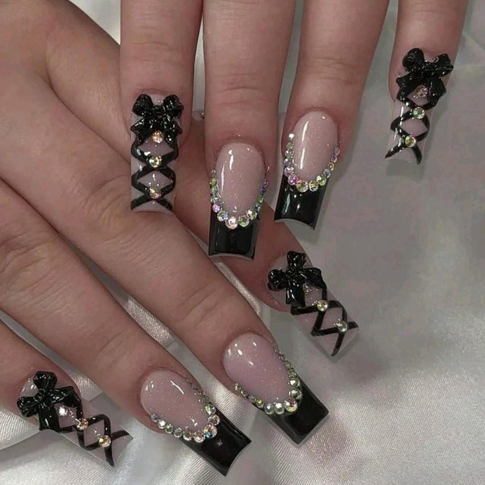 24Pcs Medium Squared Black French Tip Nails Cross Tie Bow Rhinestone Set sh